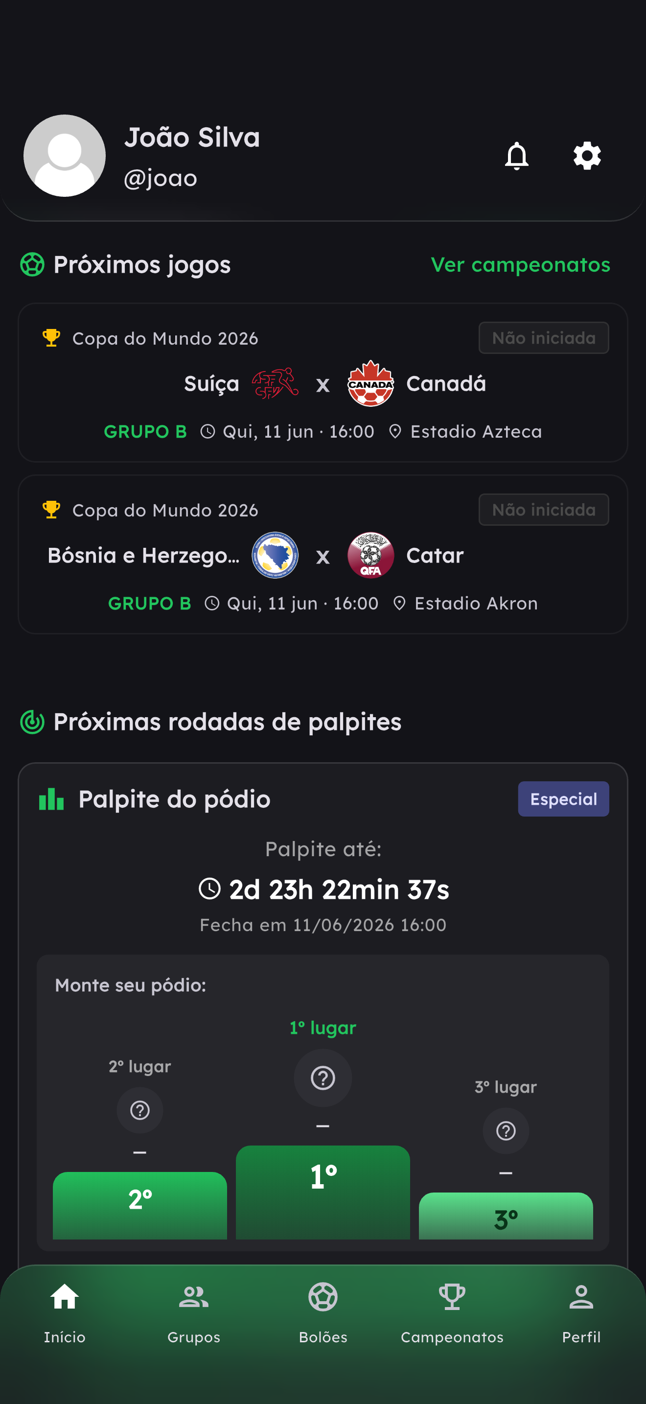 Tela inicial do ResenhApp com próximos jogos e palpites